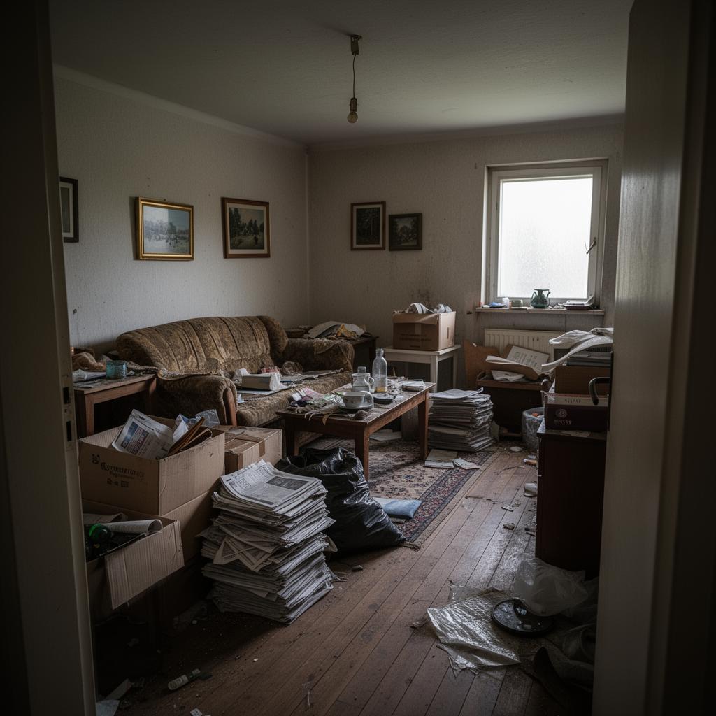 Vermülltes Wohnzimmer mit Möbeln und Kartons vor der Hausentrümpelung