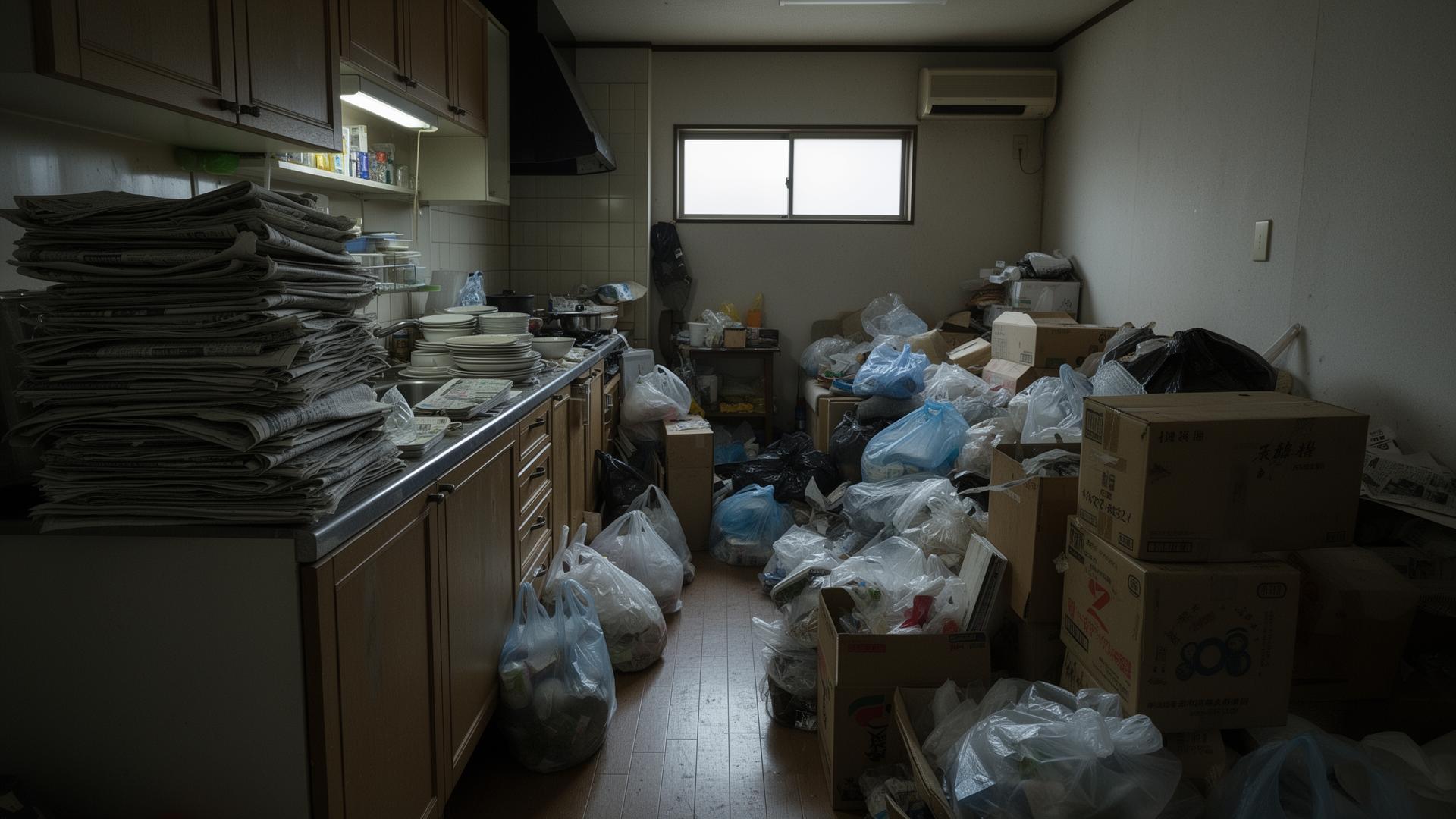 Stark überfüllte Küche mit Stapeln von Zeitungen, Plastiktüten und Kartons vor der Räumung