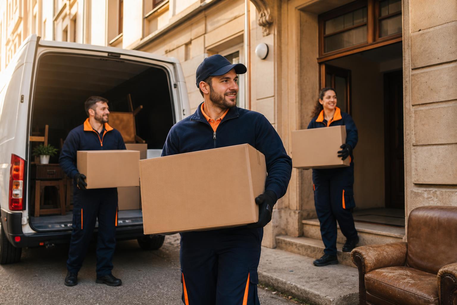 Freundliches Team in dunkelblau-oranger Arbeitskleidung trägt Kartons aus einem Altbau in einen weißen Transporter – Haushaltsauflösung in Mainz