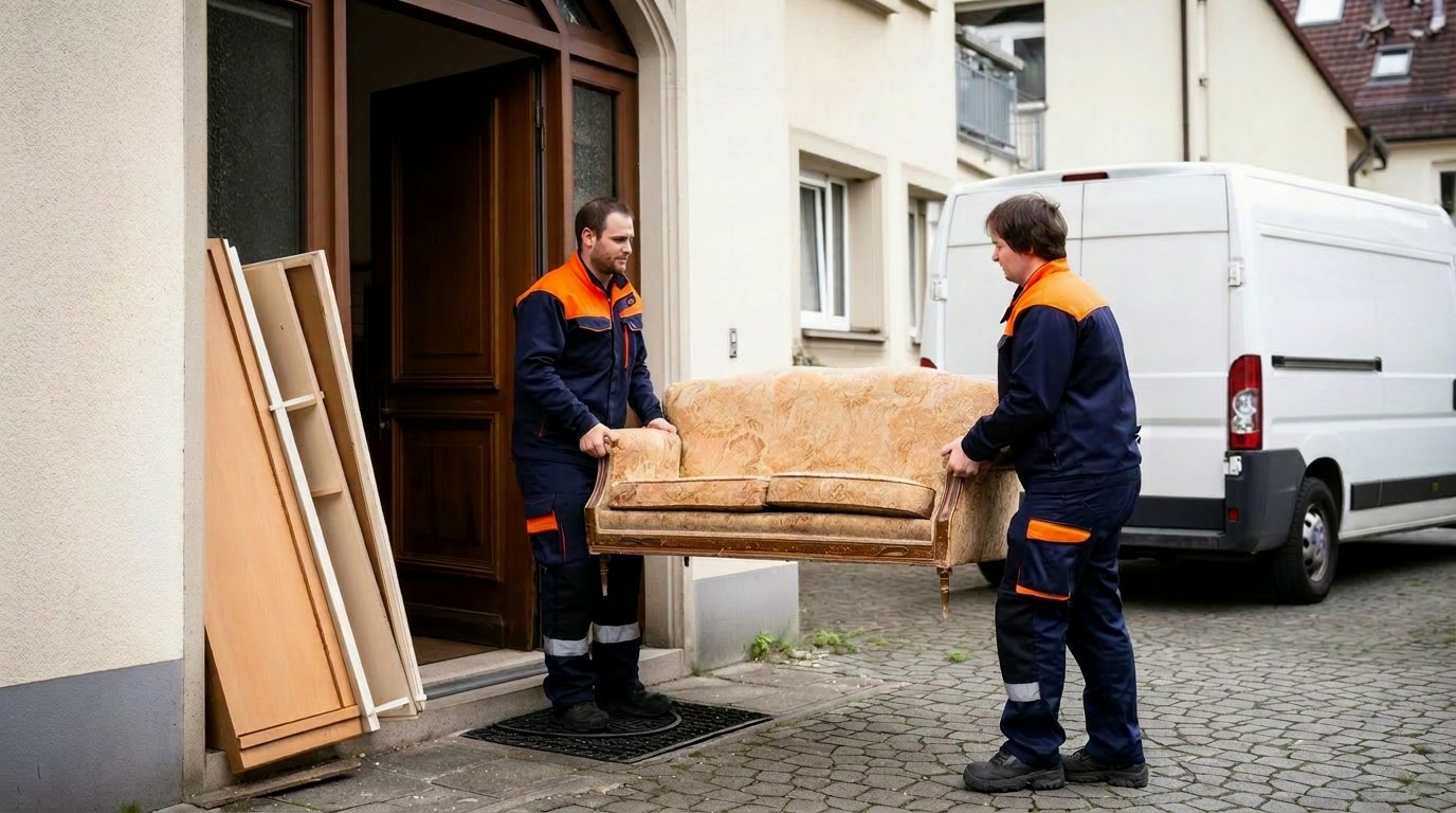 Zwei Mitarbeiter in dunkelblau-oranger Arbeitskleidung tragen ein altes Sofa aus einem Hauseingang in einen weißen Transporter