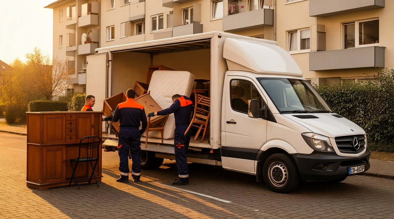 Team in dunkelblau-oranger Arbeitskleidung lädt Sperrmüll in einen weißen Transporter mit Aufschrift MDH Entrümpelung Mainz
