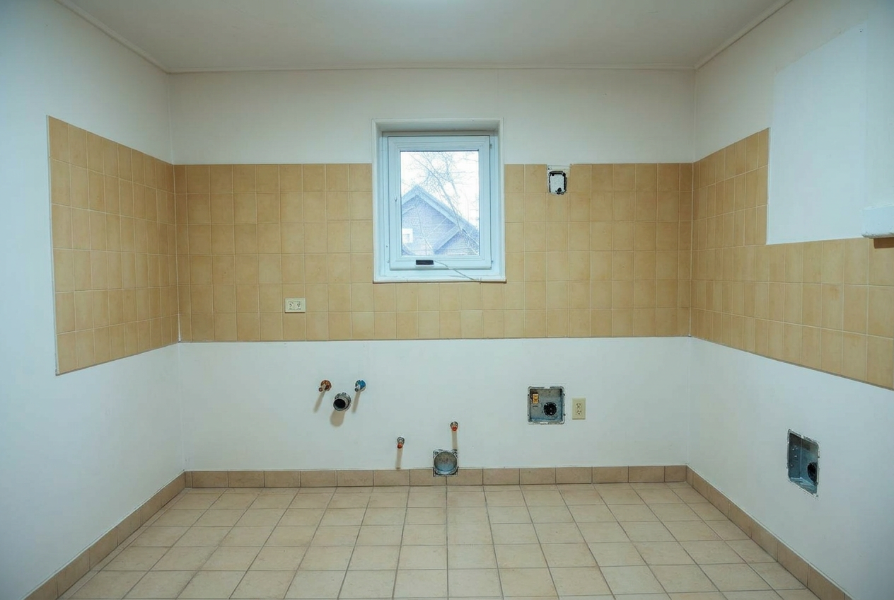 Dieselbe Küche nach der Demontage – leere Wand mit sichtbaren Anschlüssen, besenrein