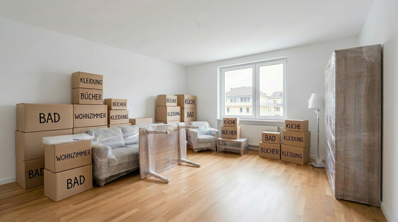 Zimmer mit verpackten Möbeln, beschrifteten Umzugskartons und Folie am Umzugstag
