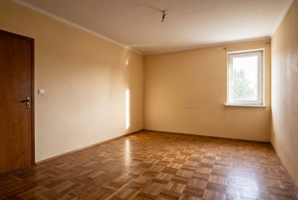 Leeres, besenreines Wohnzimmer nach der Wohnungsentrümpelung