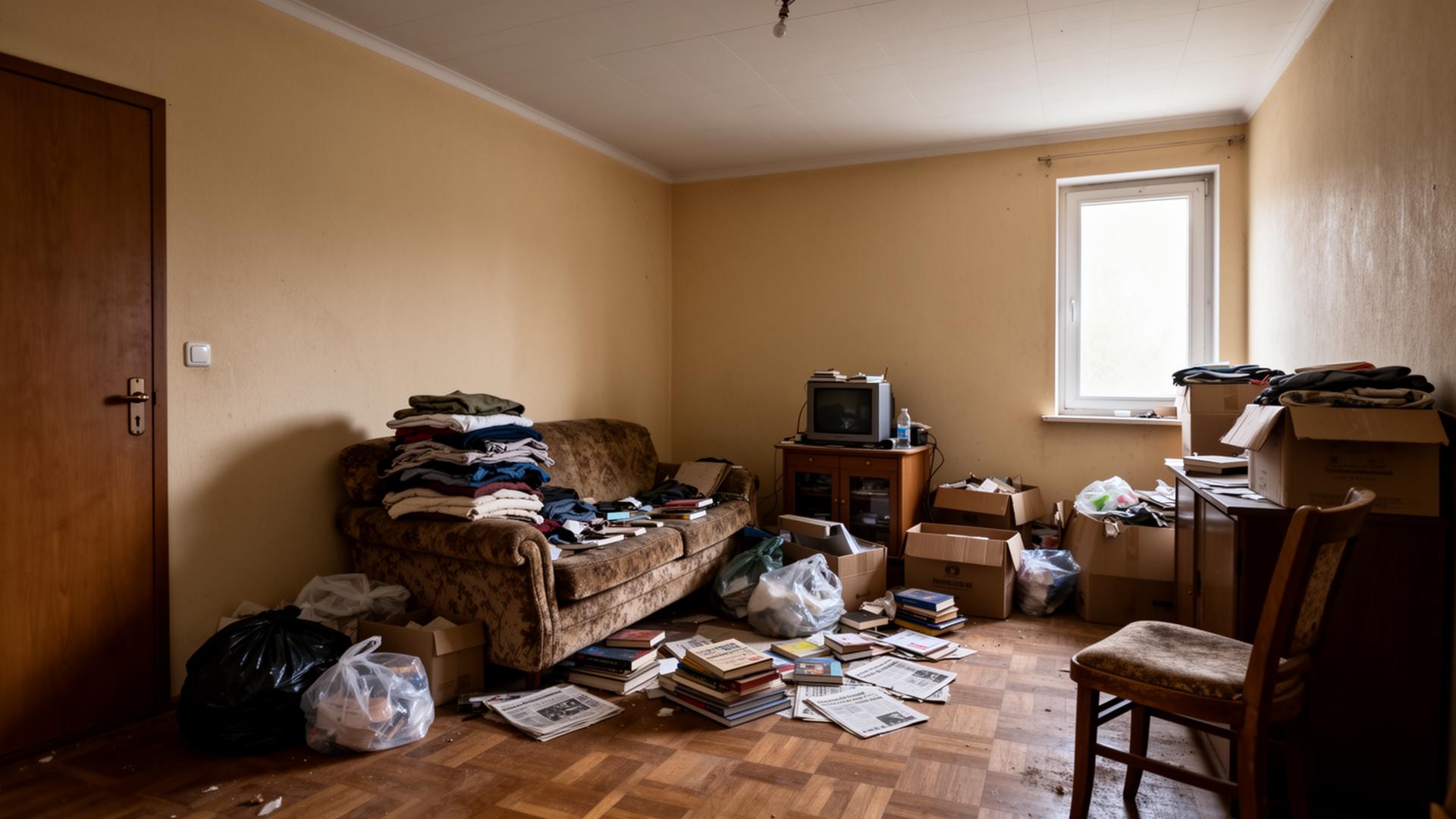 Vermülltes Wohnzimmer mit Sofa, Kartons und Gerümpel vor der Wohnungsentrümpelung