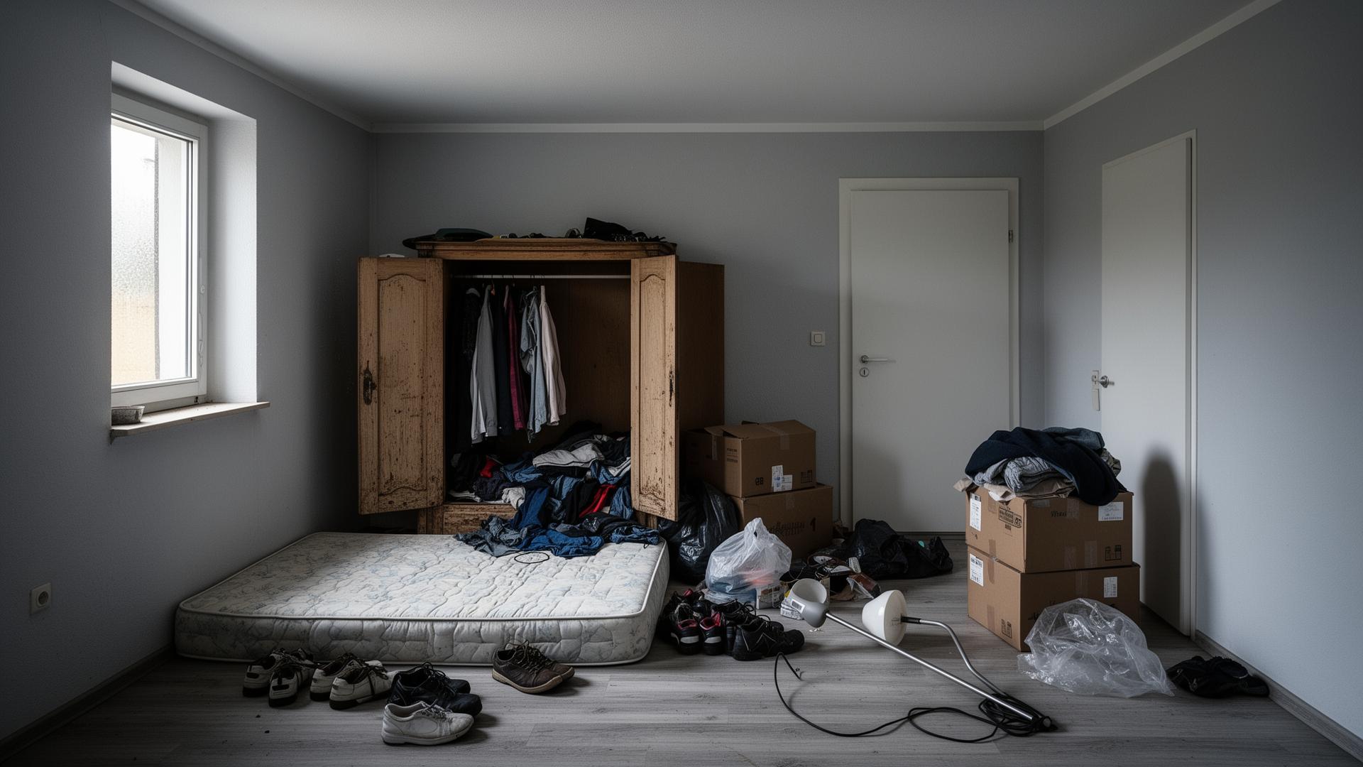 Vollgestelltes Schlafzimmer mit Schrank, Matratze und Kartons vor der Entrümpelung